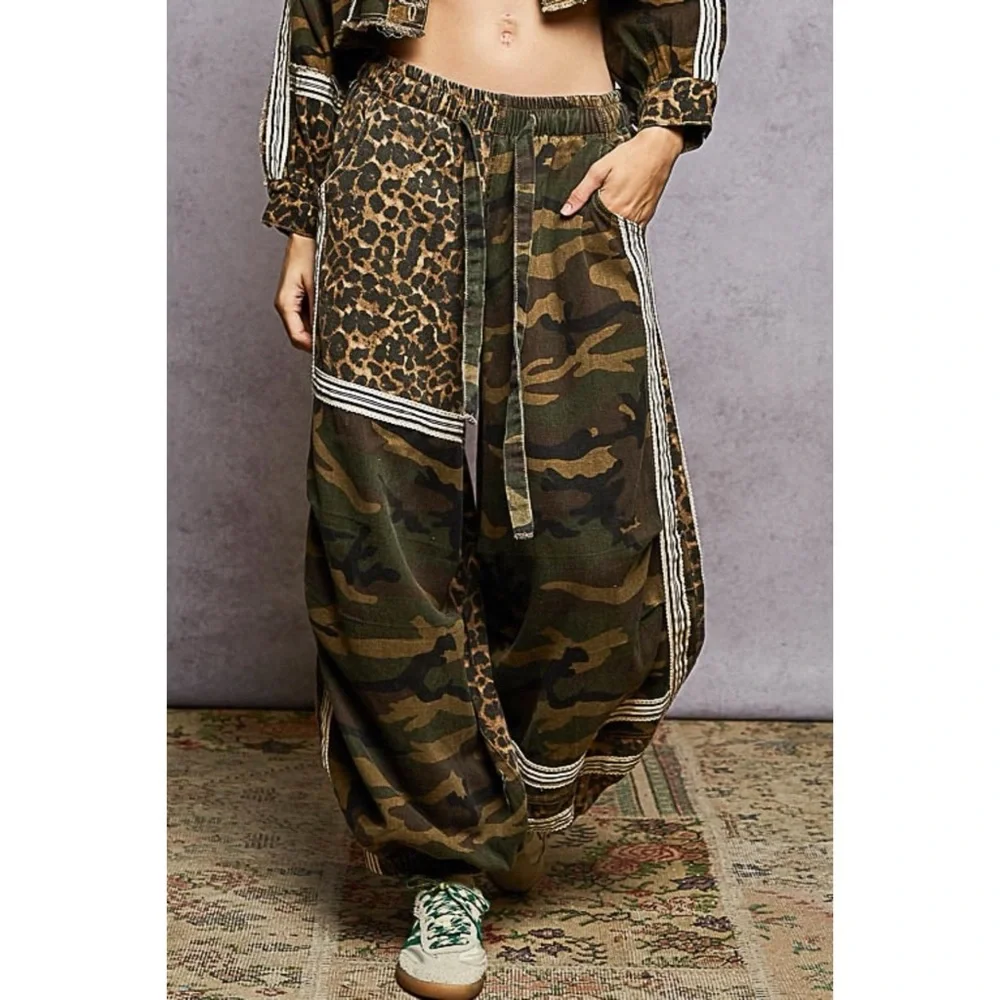 POL Olive Camo Leopard Wide Leg Pull On Pants | Balloon Leg Joggers - Picture 2 of 7